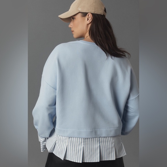 NWT! ANTHROPOLOGIE BLUE WEDGEWOOD MAEVE STRIPED TRIM TWOFER SWEATSHIRT- MEDIUM 💚 - Picture 4 of 7